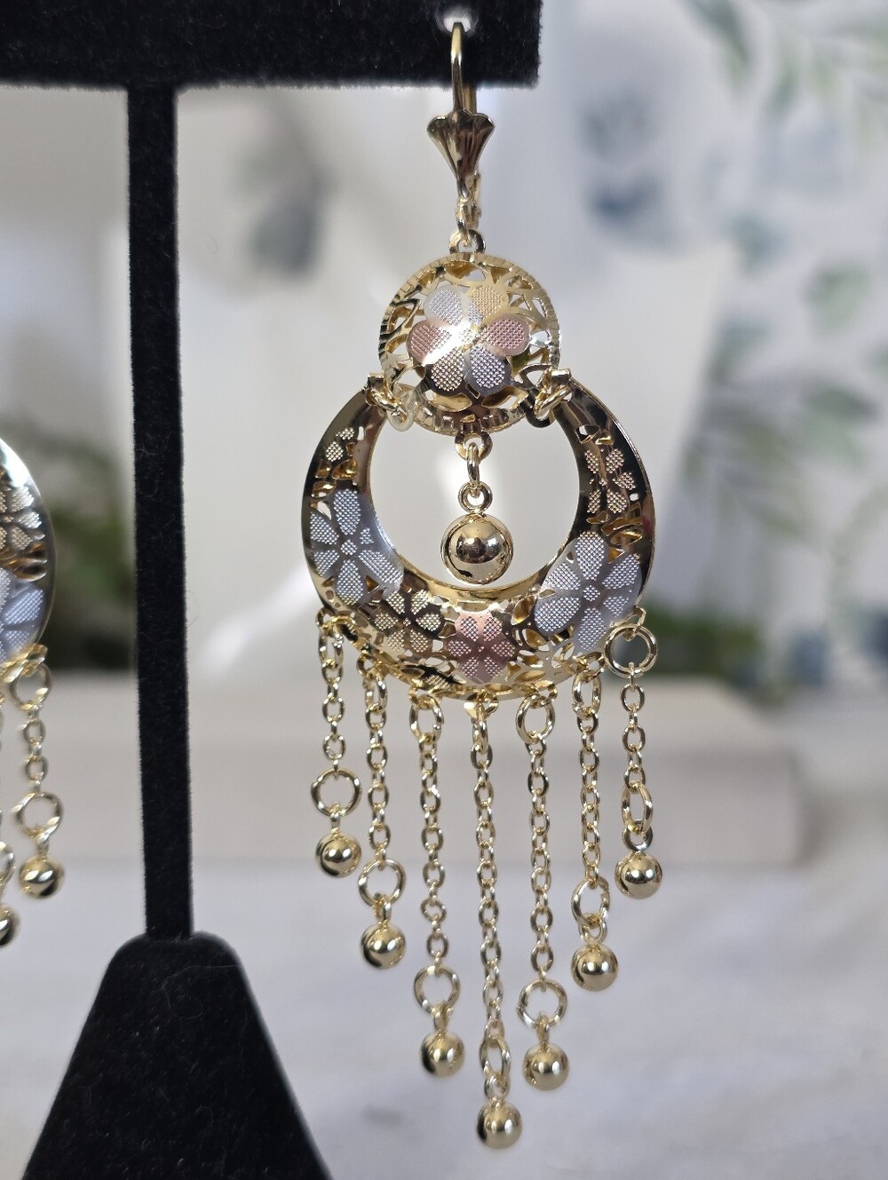 Tricolor Gold Filled Floral Chandelier Earrings Dangle Drop Filigree Leverback - Picture 4 of 10